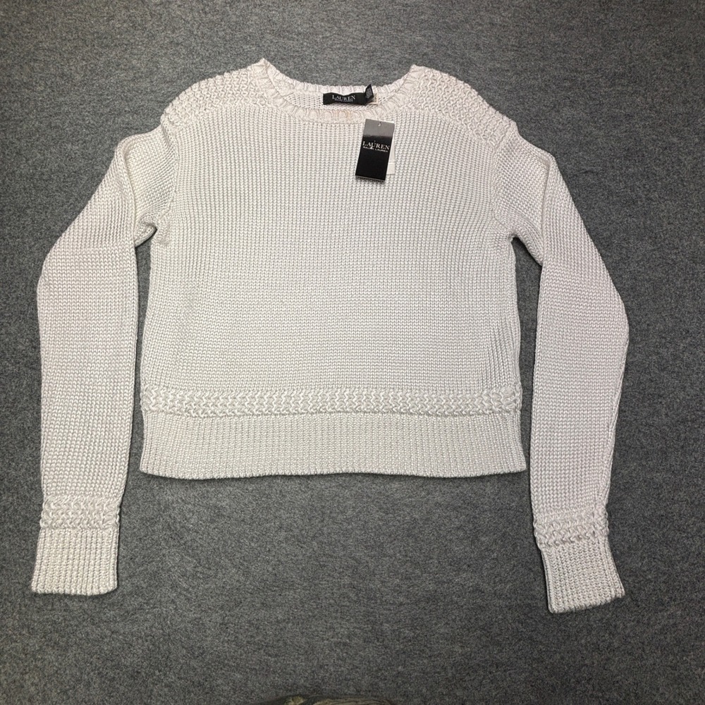 Lauren Ralph Lauren White Shaker Knit Pointelle Accent Crewneck Sweater Size M